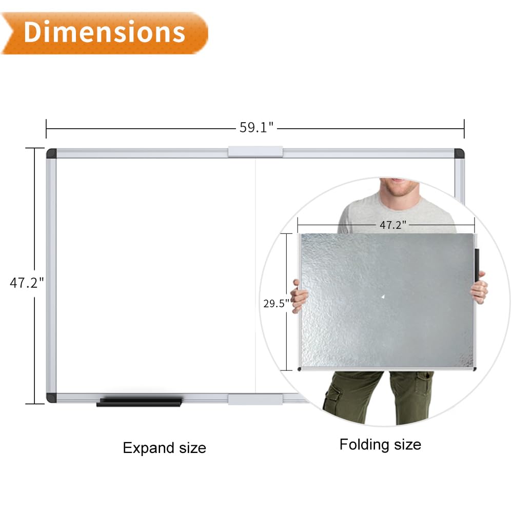 VIZ-PRO Magnetic Dry Erase Board, 60 X 48 Inches, Foldable Wall-Mounted Whiteboard with Silver Aluminum Frame & Marker Tray for School Office and Home 5' X 4'