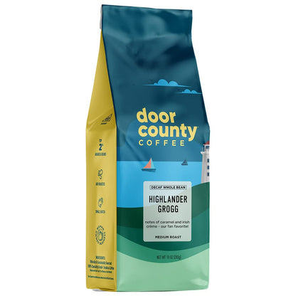 Door County Coffee Highlander Grogg DECAF Flavored Whole Bean - 10 oz Bag - Medium Roast - 100% Specialty Arabica - Flavored Gourmet - Highlander Grogg DECAF