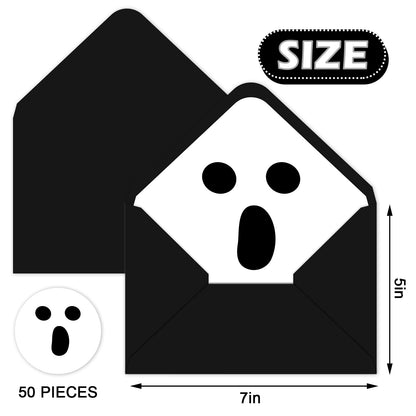 Whaline 50Pcs Halloween Envelopes White Black Ghost Invitation Envelope with Sticker Spooky Boo V-Flap Greeting Card Holders Gift Card Sleeves for Trick or Treat, 5 x 7 Inch