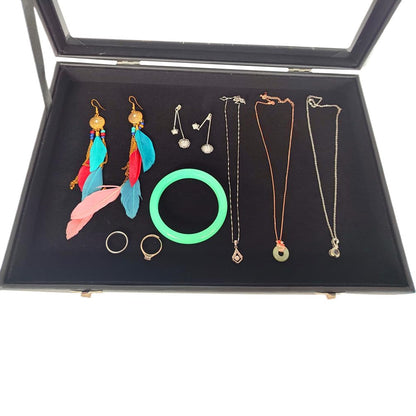 Wooden Jewelry Organizer Tray Box with Clear Lid, Travel Rectangle Organization Storage Box with Metal Clasp, Velvet Blank Jewelry Display Case for Necklaces Bracelets Rings Accessories (Black)