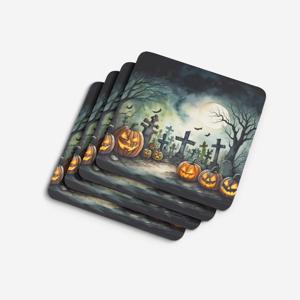 Caroline's Treasures Graveyard Spooky Halloween Foam Coaster Set of 4 Cup Coasters for Indoor and Outdoor, Coaster for Tabletop Protection, Anti Slip, Mouse pad Material