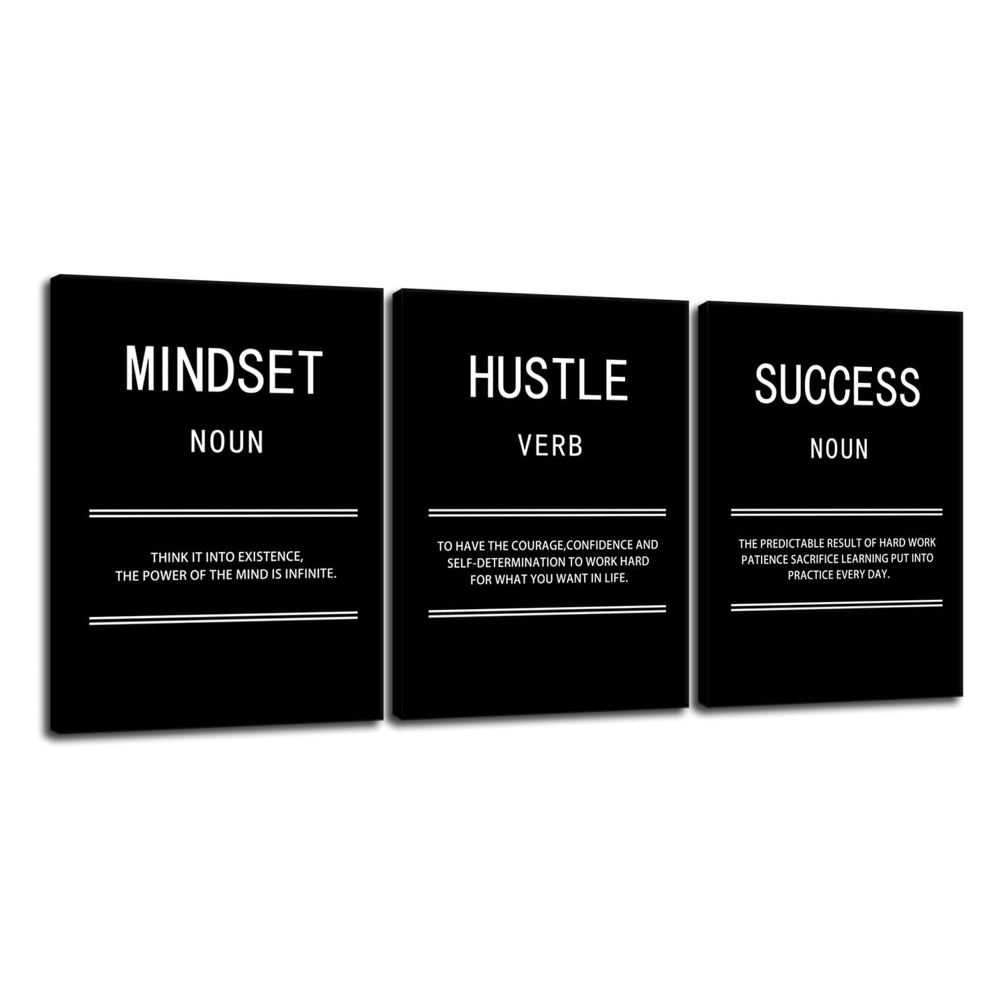 Mindset Hustle Success Inspirational Canvas Wall Art Office 3 Panel Print Motivational Poster Painting Modern Inspiring Artwork for Home Living Room BedRoom Gym Decor Ready to Hang [36''Wx 16''H]