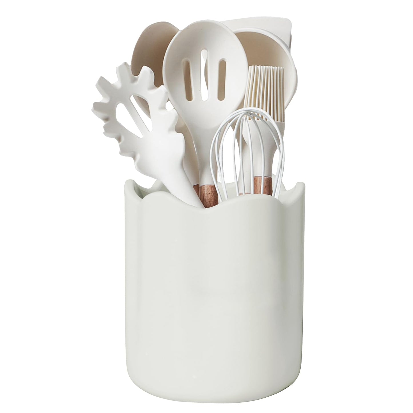 Haliwurry Large Utensil Holder for Kitchen Counter, Ceramic Kitchen Utensil Crock with Protection Cork Mat, Modern Cooking Tools Organizer for Countertop, White
