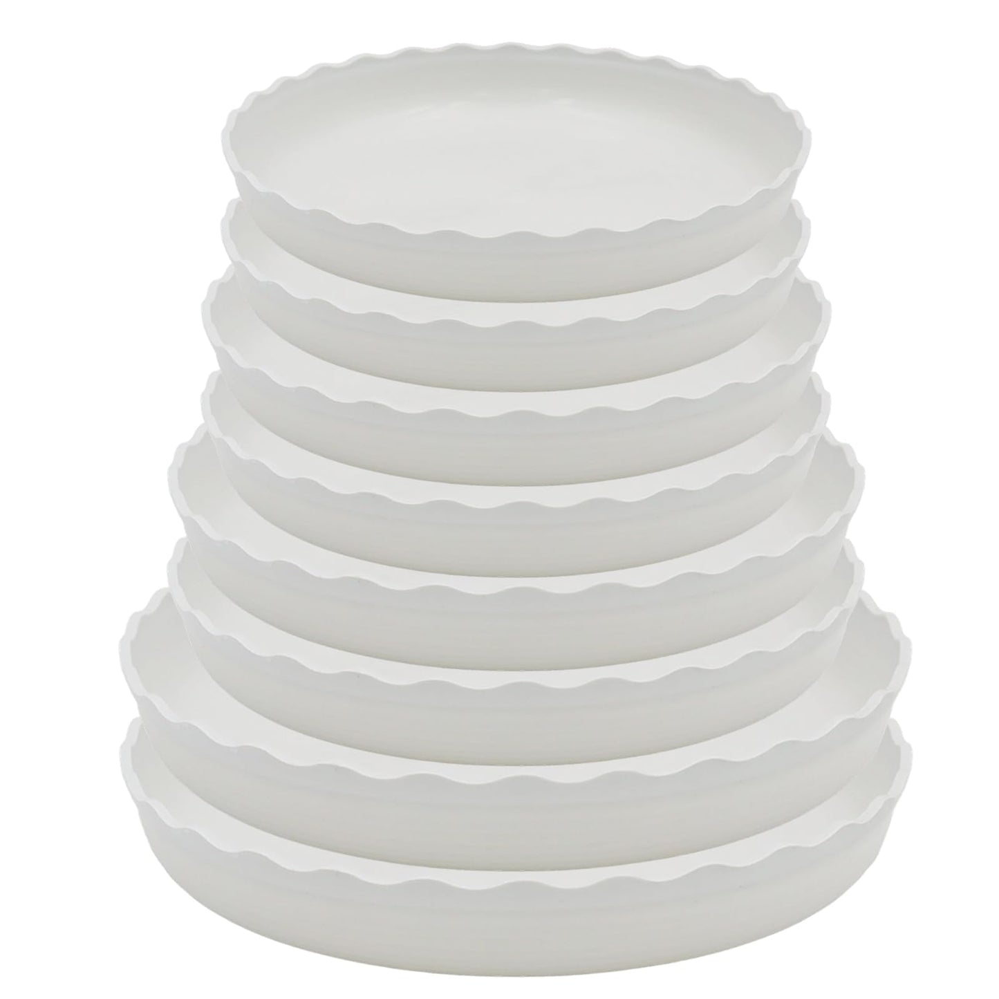 JAKOUE 4 Size Wave Shaped Round Plant Saucer,6 Pack Pant Pot Trays, Plant Saucers for Indoors and Outdoors, Seed Starting Tray, Growing Trays,White（4",5",6",8"）