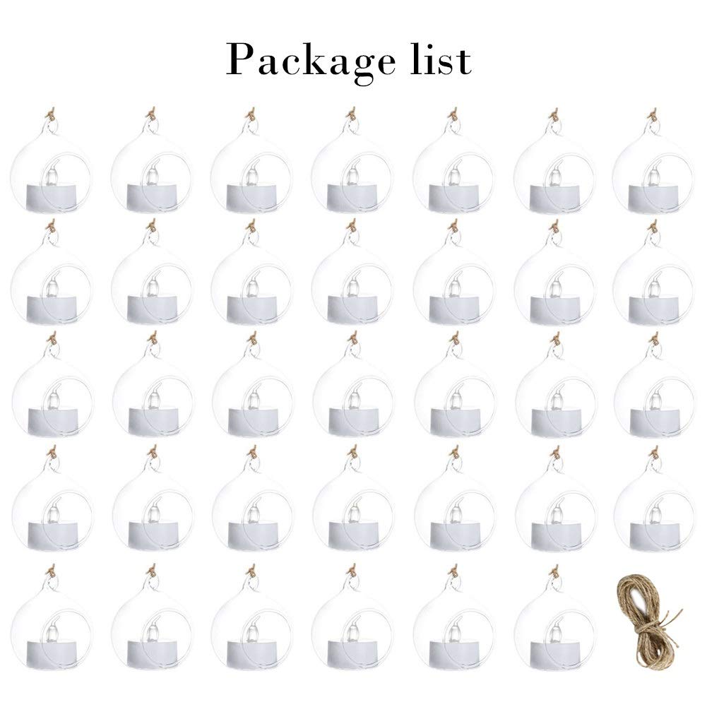 Sziqiqi Hanging Glass Globes Orbs Tea Light Candle Holders with Flameless LED Tealight for Wedding Ornaments, Wedding Birthday Christmas Party Centerpiece Accessory 2.36inch 30pcs +6 Extra