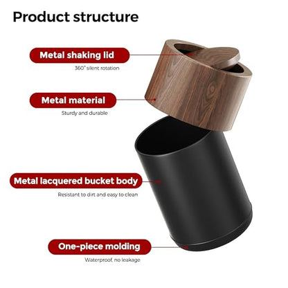 15L/4GAL Modern Metal Waste Bin with Realistic Wood Texture,Built-in Bag Holder,Swing Lid Trash Bin for Bathroom,Home,Office,Living Room (4gal Swing lid)