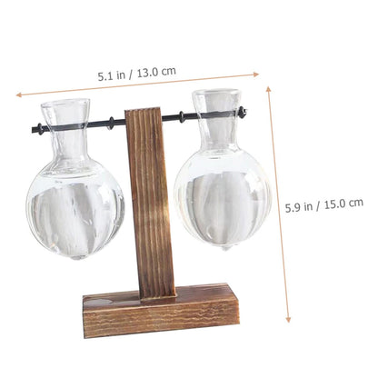 Kisangel Hydroponic Glass Flower Vase with Wooden Stand 2pcs Planter Pot for Indoor Plants Modern Terrarium for Home and Office Decoration