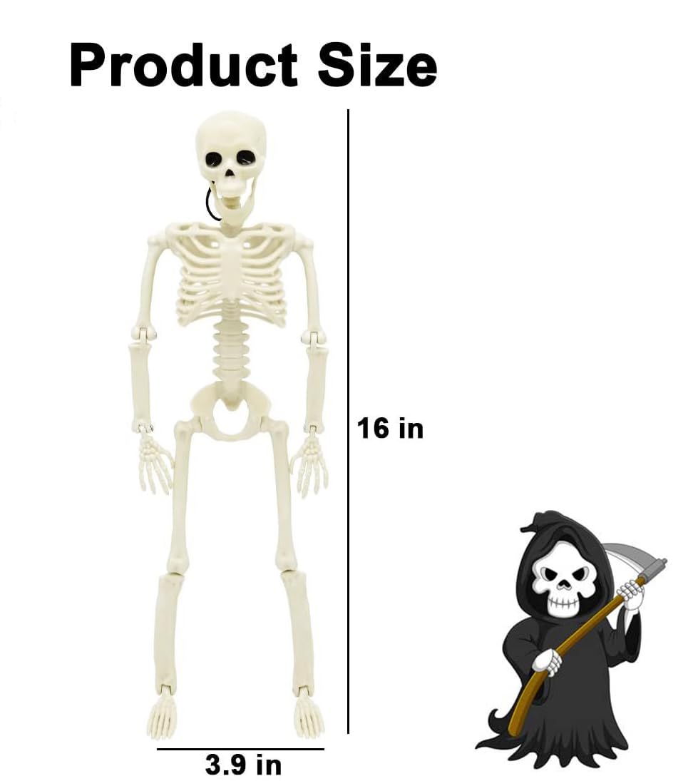 LIYUANBAIHUO 5 PCS Halloween Skeletons,16" Halloween Full Body Hanging Skeleton with Movable Posable Joints,Posable Skeletons for Graveyard Decorations, Spooky Scene Party Favors