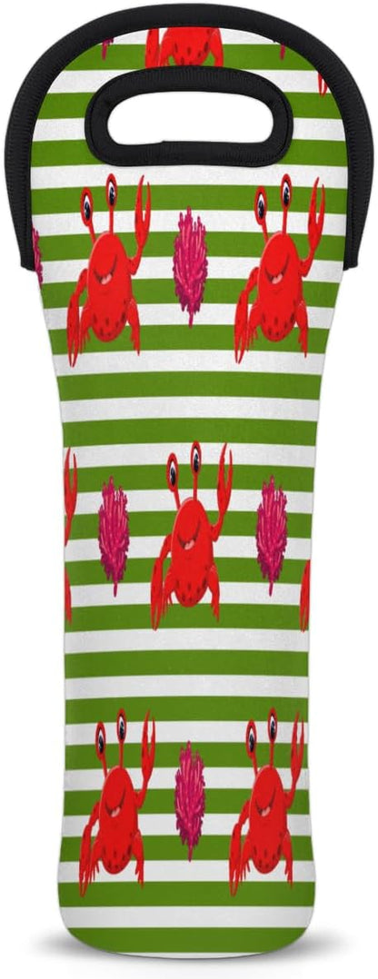 Red Crabs Stripes Wine Bag Single Bottle Wine Tote Bag Neoprene Wine Carrier Bags with Carry Handle Portable Wine Bottle Holder for Travel Party Picnic