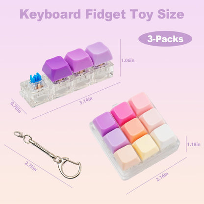 3 Pcs Keyboard Fidget Toy for Adults, Loud Clicky Keyboard Fidget Keychain, Button Fidget Clicker Stress Relief Sensory Toys for Anxiety Decompression Gift (Purple Pink)