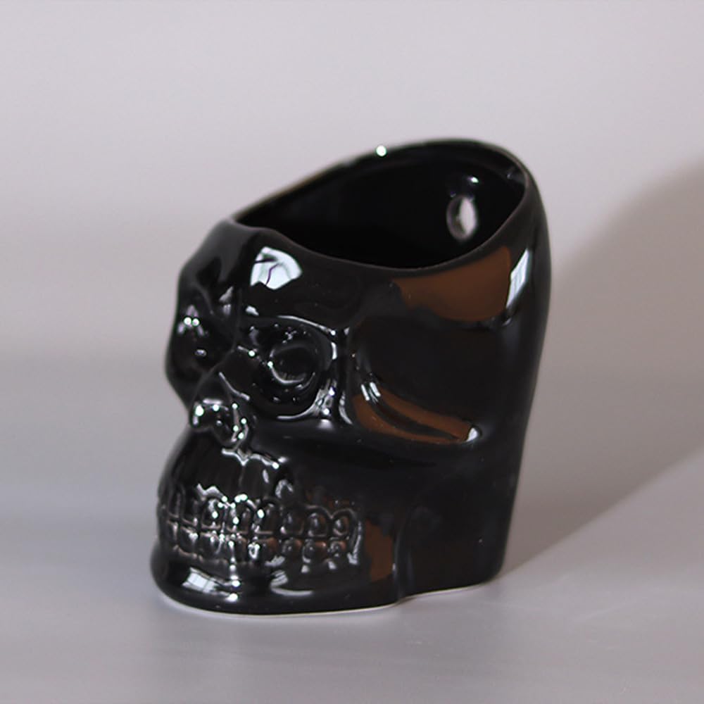 Vitbunana Skull-Shaped Toothbrush Holder, Skull Ceramic Small Storage Tube, Skull Pen Holder, Skull Succulent Flower Pot, Creative Decoration, Wall-Mounted Small Storage Tube (Black Skull)