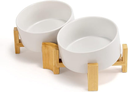 SPUNKYJUNKY 15° Slanted Ceramic Dog and Cat Bowl with Wooden Stand, Tilted Bulldog Food and Water Bowl No Slip Non-Spill for Cats Medium Dogs Big Face Pets 28.7 OZ (3.6 Cups, White × 2)