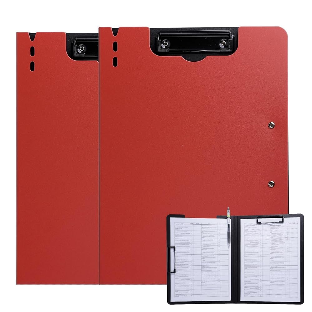 FRETONBA Clipboard Folder, 2 Pcs A4 Foldable Clipboard with Horizontal and Vertical Double Metal Clips, 360 Degree Foldable Binder Clipboards with Pen Holder, File Cover Work Folder Clipboards, Red