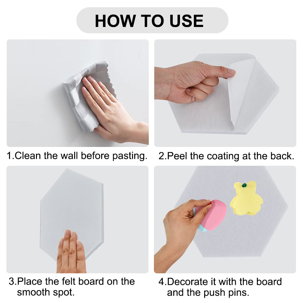 Vuzvuv 6 Pcs Hexagon Bulletin Board with 50 Pushpins & Sticky Note Adhesive Cork Board for Wall，Felt Pin Board for School，Office Decor（White）