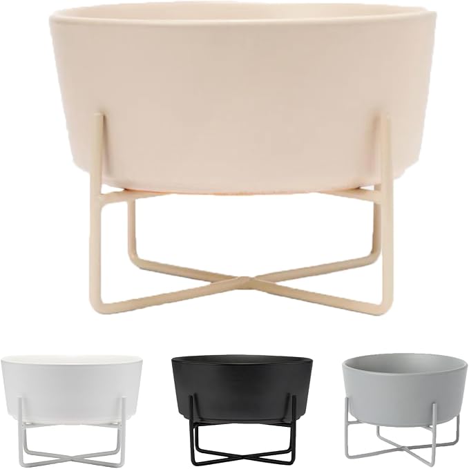 Waggo Simple Solid Dog Bowl and Dog Bowl Stand - Single Iron Stand with Single Ceramic Feeder or Water Bowl (Matte Buttercream, Small)