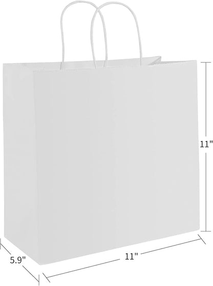 PAICUIKE 100Pcs White Kraft Paper Bags with Handles, 11x6x11 Inch Large Shopping Gift Bags for Valentine’s Day, Retail, Parties, Weddings, Birthdays, Gift Packaging