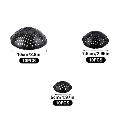 30 PCS Flower Pot Hole Mesh Pad, 3 Assorted Sizes Semi-Arc Plastic Planter Bottom Drainage Mats for Bonsai Plant, Succulents, Potting, Breathable Gasket Prevent Clogging and Soil Loss, Black