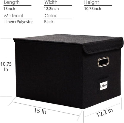 PRANDOM File Organizer Box - Set of 1 Collapsible Decorative Linen Filing Storage Hanging File Folders with Lids Office Cabinet Letter Size Black (15x12.2x10.75 inch)