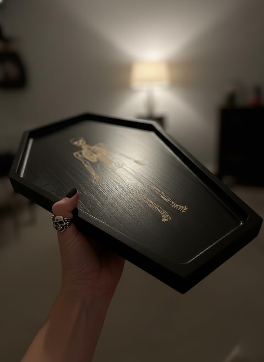15.7" Solid Wood Coffin Charcuterie Boards with Skeleton Engraving, Halloween Serving Dish Tray, Gothic Cheese Board for Food Fruits Snack, Goth Kitchen Accessories