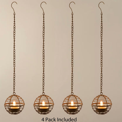 Solar Hanging Lanterns Outdoor Waterproof, Rust Iron Ball Candle Holder with Flickering Solar Powered Tea Lights, Perfect Chargeable Solar Lights for Backyard Patio Garden Fence Tree Decoration-4Pack