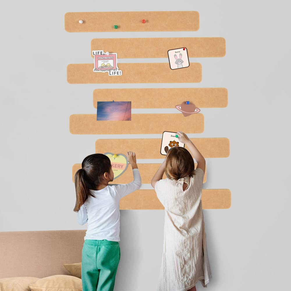 Vuzvuv 8 pcs Bulletin Board Bar Strips with 50 Pushpins & 10 Wooden Clip pins，Self Adhesive Cork Board for Wall，Felt Pin Board for School，Office Decor(Camel-Brown)