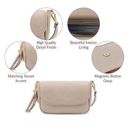 EVVE Small Crossbody Bag for Women Trendy Vegan Leather Flap Saddle Purses with Adjustable Shoulder Strap - Stone