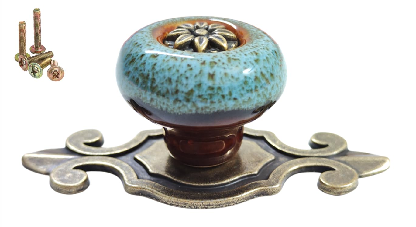 Wannianmu 10 Pack Retro Ceramic Knobs,Vintage Dresser Kitchen Petal Cabinet Pulls Rustic Zinc Alloy Base Back Plate Kid Cupboard Wardrobe Drawer Door Handles (Leopard Print Blue)