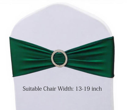 JKDMJF Stretch Spandex Hunter Green Chair Sashes Bows 50 Pack - Universal Chair Bands with Silver Buckle for Wedding Party Engagement Banquets Bridal Shower Events Decorations