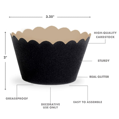 Koyal Wholesale Black Cupcake Wrappers Glitter Decorative Cupcake Liners for Weddings, and Parties, Elegant Tuxedo-Style Glitter Black Cupcake Holders for Events, Birthdays & Dessert Tables, Set of 50