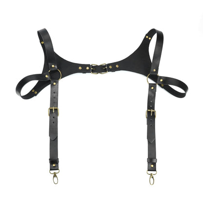 BaronHong PU Leather Renaissance Suspenders,Vintage Men's Back Support Harness,Metal Hooks for Men,Steampunk,Handmade(black,M)