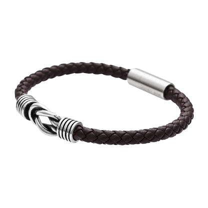 Geoffrey Beene Men's Braided Genuine Leather Knot Bracelet with Stainless Steel Closure (Brown, 8.5")