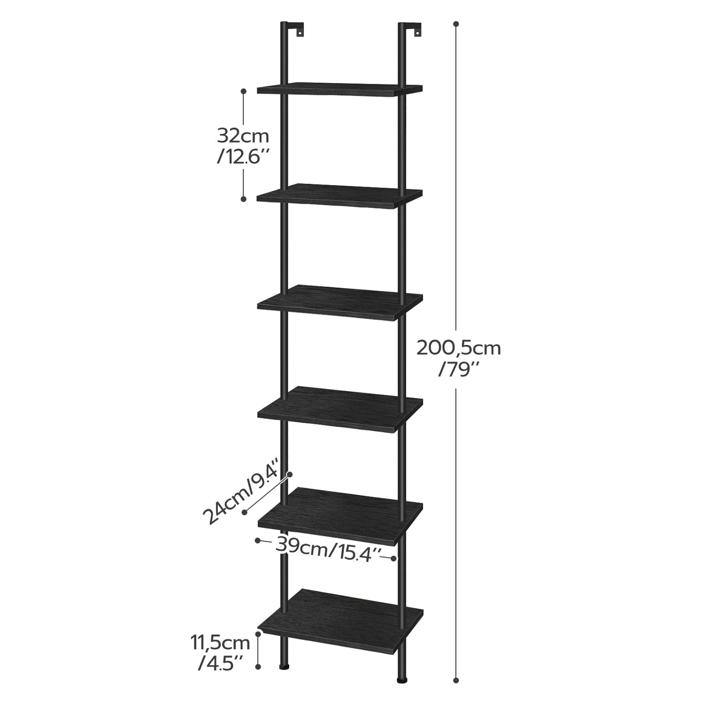 HOOBRO DIY Ladder Shelf, 6-Tier Wooden Wall Mounted Bookshelf, Narrow Bookcase, Display Shelf, Storage Rack, Plant Stand, for Living Room, Bedroom, Study, Balcony, Black BB651CJ01