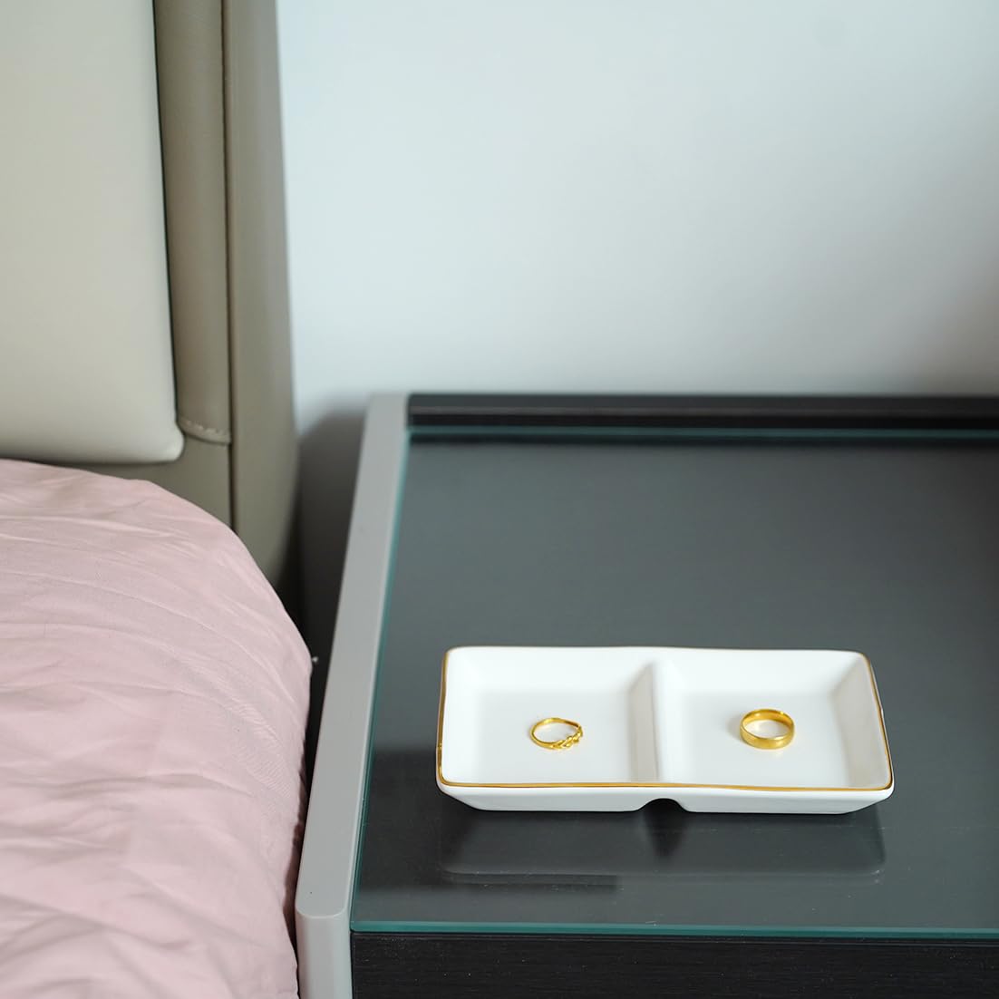 HANKOR Ceramic Jewelry Dish Tray, 2 Compartment Ring Dish, Decorative Trinket Tray for Rings, Earrings, Keys, Birthday Christmas Gifts, White
