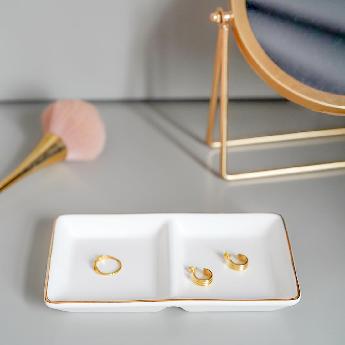 HANKOR Ceramic Jewelry Dish Tray, 2 Compartment Ring Dish, Decorative Trinket Tray for Rings, Earrings, Keys, Birthday Christmas Gifts, White