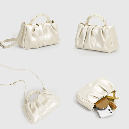 Beatfull Evening Purse Women Small Pearl Handbags Soft Leather Ruched Bag Wedding Bridal Clutch Party Prom Crossbody Purses White