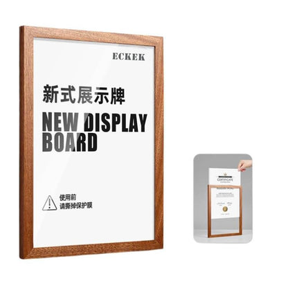 ECKEK Wall Mount Acrylic Sign Holder Self Adhesive Magnetic Display Frame Clear Document Frame for Office, Store, School, Home, Wall Picture Frame (Sapele Wood A5 148×210mm/5.83×8.27inches)