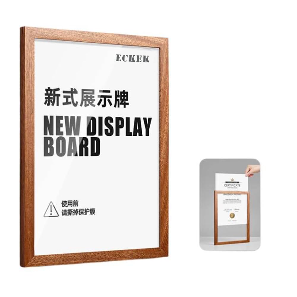 ECKEK Wall Mount Acrylic Sign Holder Self Adhesive Magnetic Display Frame Clear Document Frame for Office, Store, School, Home, Wall Picture Frame (Sapele Wood A4 210×297mm/8.27×11.69inches)