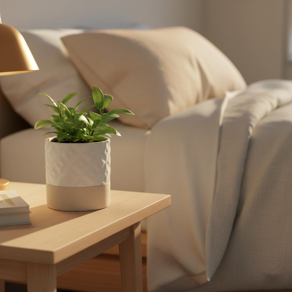 Nihow Self Watering Plant Pot: 4.5 Inch Ceramic Planter with Drainage Hole & Water Storage Plus for Indoor & Outdoor Plants - Cylinder Flower Pot for Herbs/Violets - Matte White & Brown Star