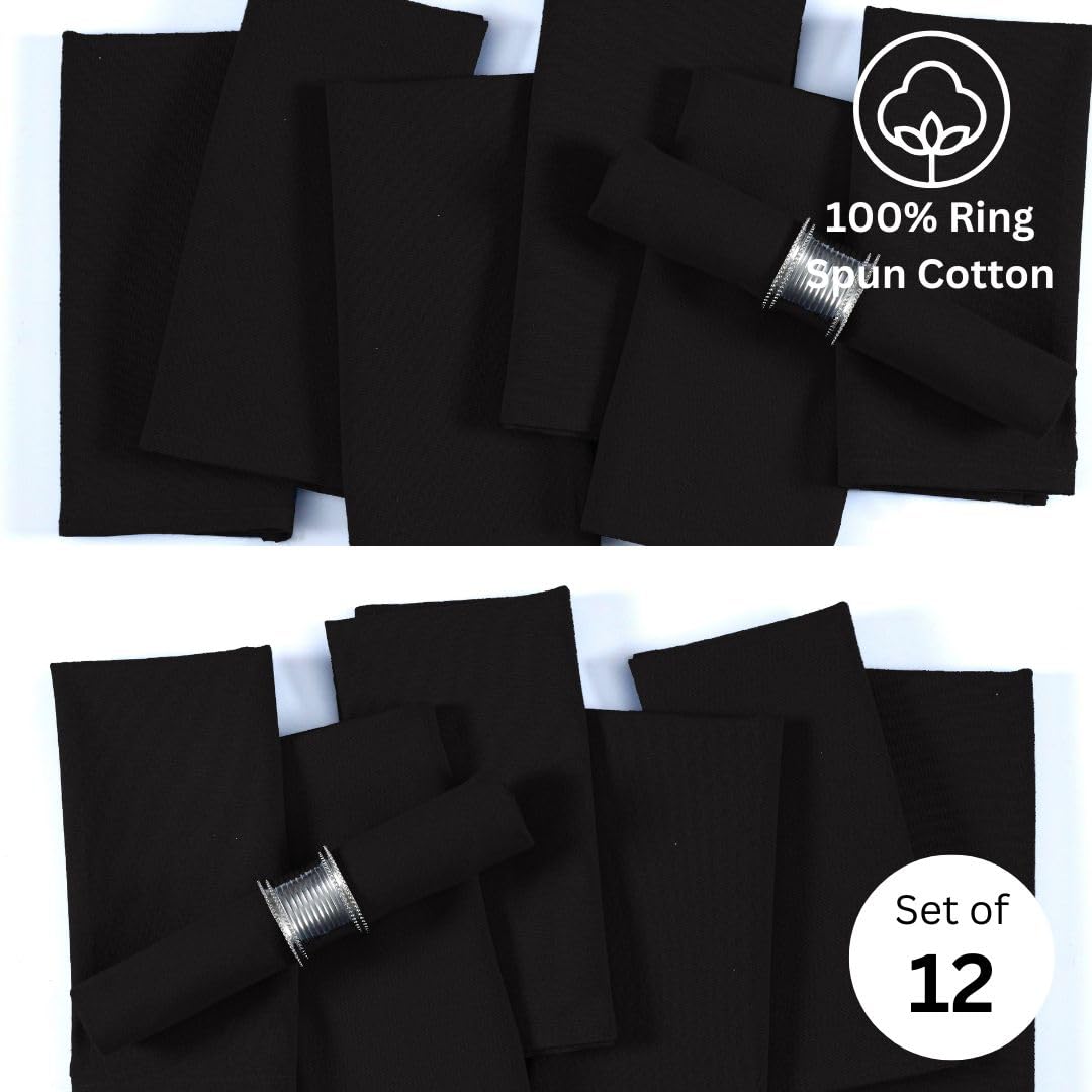 WEAVOO 100% Cotton Dinner Napkins Set of 12 - Soft Absorbent Durable Washable Table Napkins - for Dining Weddings Parties Restaurants Holidays Easter Everyday Use - 18x18 inch Cloth Napkins Black
