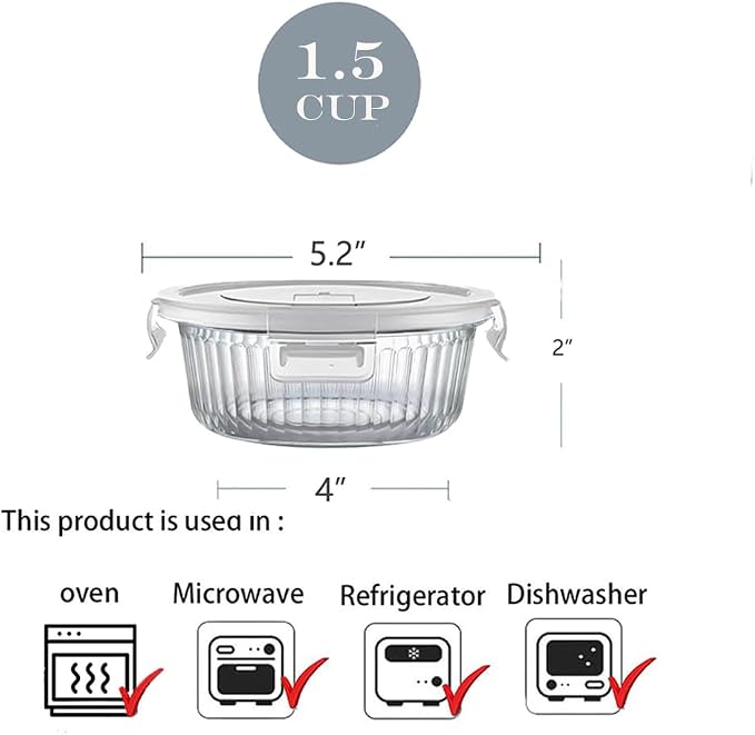 H.JSS WDJS 1.5 cup Round Glass Food Storage Containers with Lids, 12oz Small Glass Meal Prep Containers set, Heat-Resistant BPA-Free Round food bowl for Leftover. Microwave, Dishwasher & Freezer Safe