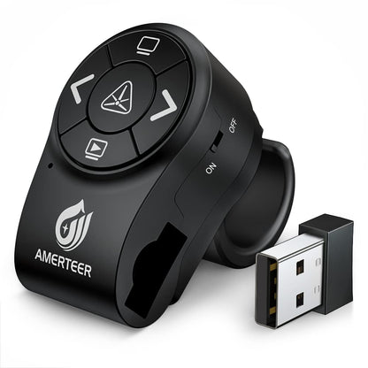 AMERTEER Wireless Presentation clicker for PowerPoint Presentations, RF 2.4GHz Finger Ring Remote, PPT Slides Clicker Pen Rechargeable