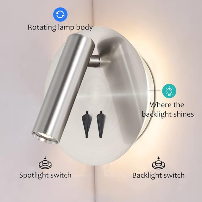 Round Wall Mount Reading Light for Bed Bedside, Modern Hardwired Sconce with on off Switch for Bedroom, Brushed Nickel Wall Sconce Mounted Beside Reading Lamp, Decorative Wall Night light (Silver)