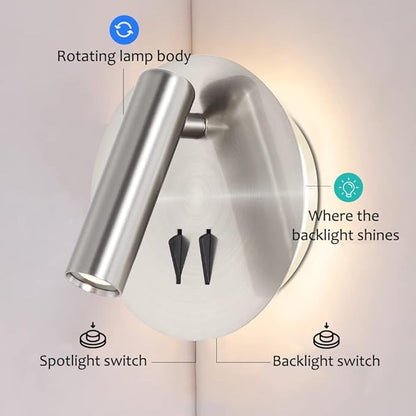 Round Wall Mount Reading Light for Bed Bedside, Modern Hardwired Sconce with on off Switch for Bedroom, Brushed Nickel Wall Sconce Mounted Beside Reading Lamp, Decorative Wall Night light (Silver)