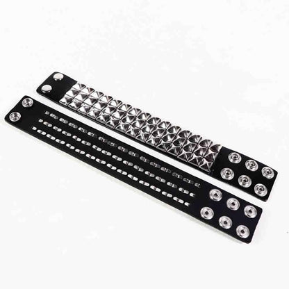 SCOPLATY Genuine Leather Bracelet Cuff with Spikes studded Rivets - Adjustable Metal Wristband for Men Women, 80s Goth Rock Accessories (Silver, Width 1.5 Three-row)