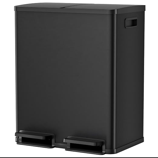 DUMOS Kitchen Double Trash Can, 2x8-Gallon Dual Trash Can with Lid, Stainless Steel Garbage Bin with 2 Removable Inner Buckets, Soft-Close Foot Pedal for Kitchen, Home, Office, Matte Black