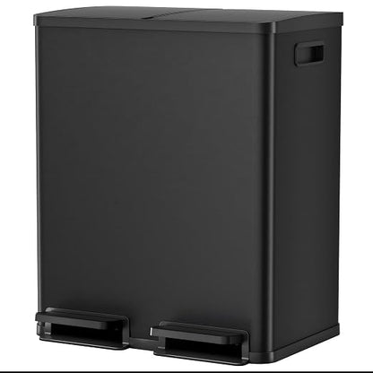 DUMOS Kitchen Double Trash Can, 2x8-Gallon Dual Trash Can with Lid, Stainless Steel Garbage Bin with 2 Removable Inner Buckets, Soft-Close Foot Pedal for Kitchen, Home, Office, Matte Black