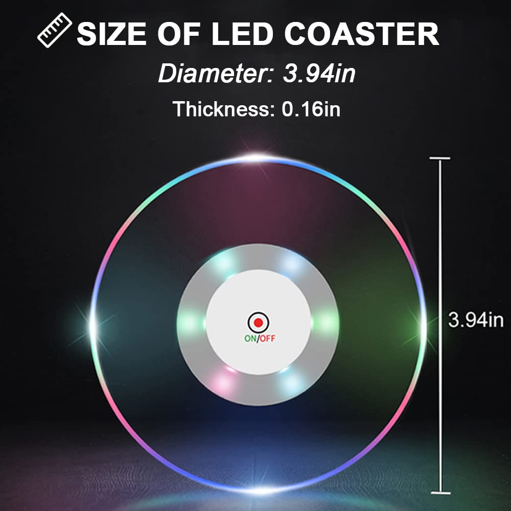 3 PCS Crystal Ultra-Thin LED Coasters for Drinks, 3.9'' Non-Slip Waterproof Transparent LED Luminous Coaster for Beverage Cup Wine Table Club Bar Wedding Halloween Party (Color)