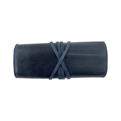 Hide & Drink, Rustic Pencil Roll Pouch, Multi-Purpose Storage Wrap for Scissors, Earphones, Organizer for Craft, Full Grain Leather, Handmade, Slate Blue