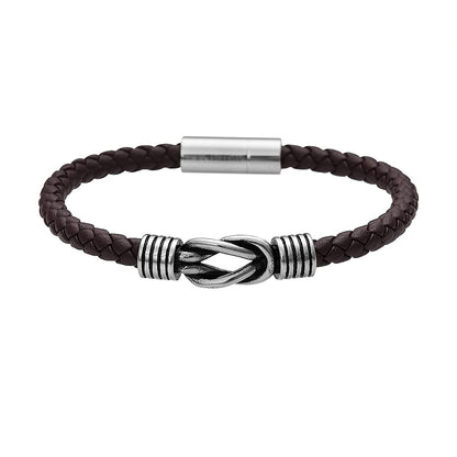 Geoffrey Beene Men's Braided Genuine Leather Knot Bracelet with Stainless Steel Closure (Brown, 8.5")