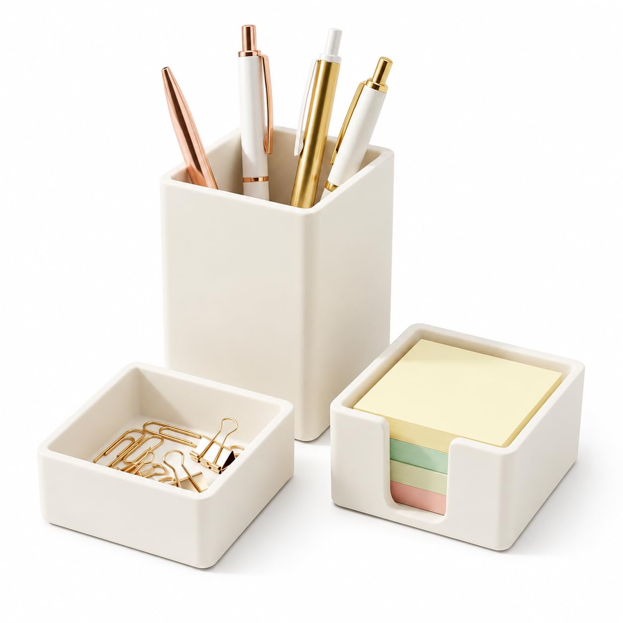 minimaliving Aesthetic Silicone Desk Organizer Set of 3,Modern Office Desk Accessories with Pen Holder,Paperclip Tray,Sticky Note Holder,Stylish Functional Office Desk Decor for Back-to-school(Beige)